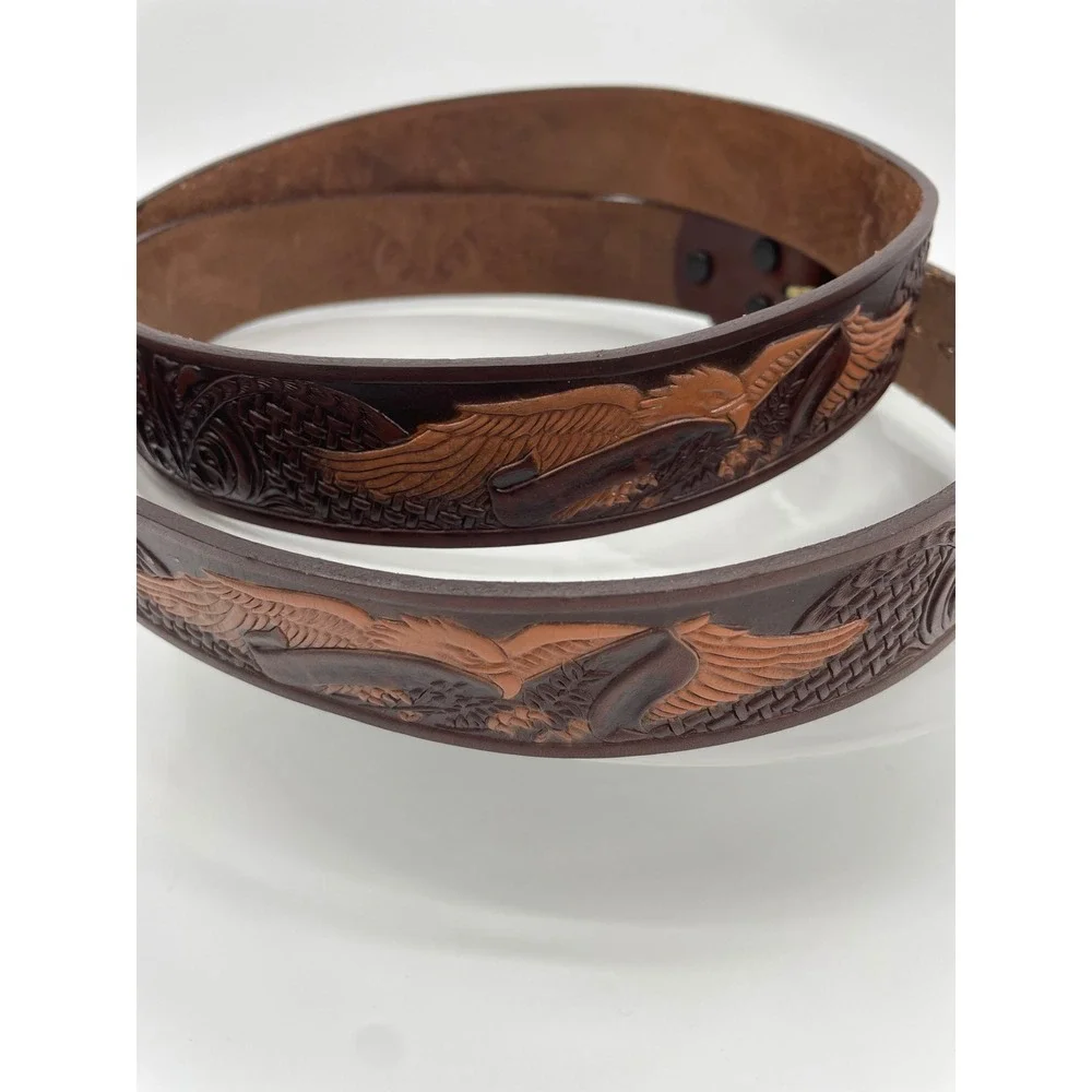 Vintage Western Belt Mens 50 Brown Top Grain Leather Tooled Eagle Brass Buckle